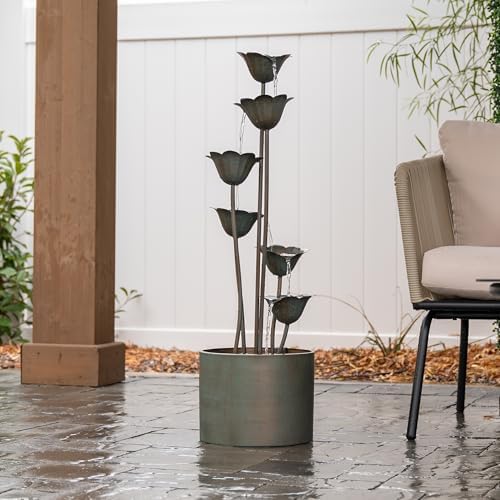 XBrand 35" Tall Silver Metal Sculptural Flower Multi-Tier Freestanding Water Fountain for Indoor & Outdoor Use, Decorative Garden Patio Backyard Water Feature - Image 3