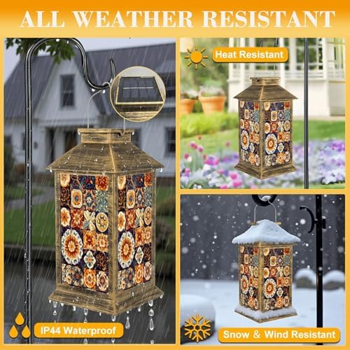 Solar Lantern Outdoor Waterproof Mexican Talavera Ceramic Tiles Spanish Maiolica Colorful Decorative Garden Decor LED Hanging Solar Lights Tabletop Lamp Gifts for Women Mom Outside Yard Patio Porch - Image 3