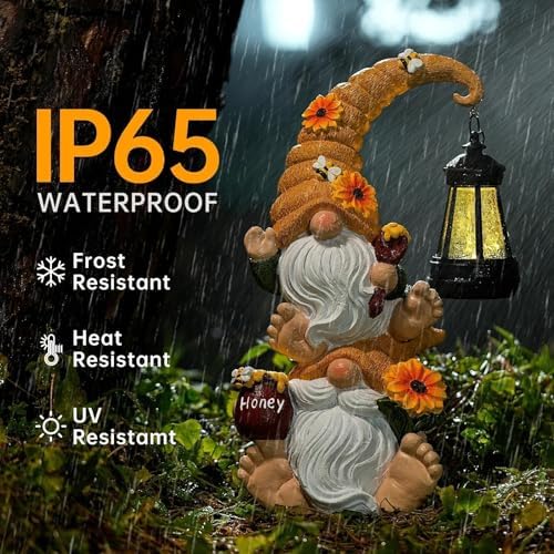 Solar Bee Garden Gnomes with LED Lantern, 12.2-Inch Outdoor Statue - Image 6