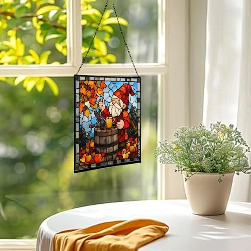 Gnome with Apple Cider Stained Glass Suncatcher – Square Hanging Window Panel for Home, Garden, Nursery, Halloween, Christmas, Memorial Day – Whimsical Glass Art Gift for Gnome Lovers sytleu - Image 3