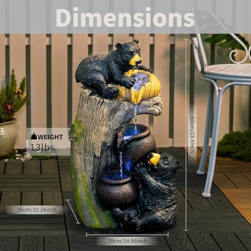 23.6" Bear Waterfall Fountain with LED Lights, Rustic Tree Stump Resin Water Feature for Zen Garden & Patio, Tiered Outdoor Fountain for Backyard, Deck, Porch - Image 2