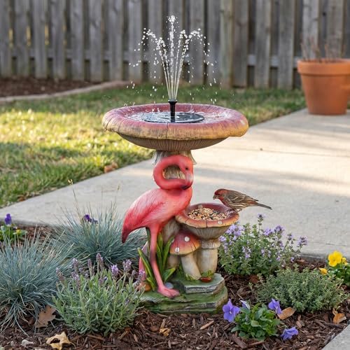 2-in-1 Solar Bird Bath and Wild Bird Feeder, Freestanding Flamingo Garden Statues Outdoor Decor, Solar Water Fountain with Shallow Basin for Small Birds Backyard Patio Ornament, 22.2" H - Image 5