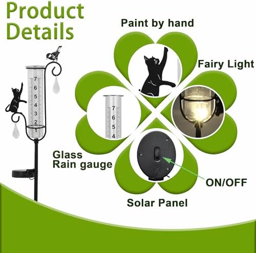 33in Solar Cat Bird Rain Gauge Metal Garden Stake Black Sculpture Decor - Image 3