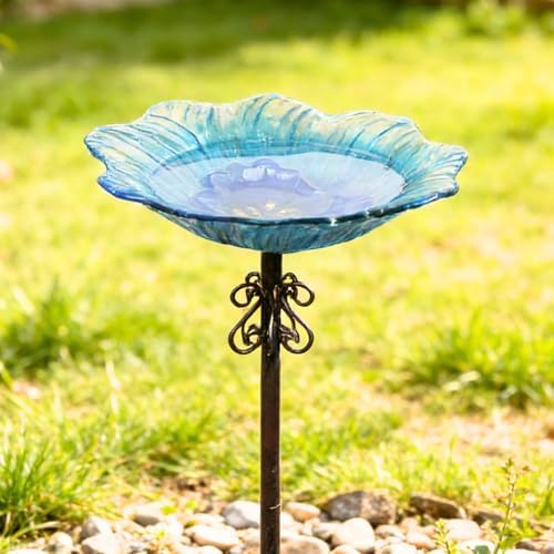 hogardeck 2 in 1 Floral Glass Bird Bath & Feeder - Hanging or Freestanding Outdoor Bird Bath with Sturdy 5-Pronged Base for Garden, Patio, Yard, Lawn Decor - Image 2