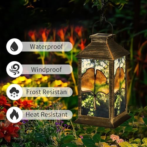 Solar Lantern Ginkgo Leaf Stained Glass Multicolor Tree Sunlight Green Outdoor Waterproof Garden Hanging Lantern Solar Powered Lighting Outside Table Lamp for Patio Deck Camping 1 Pack - Image 2