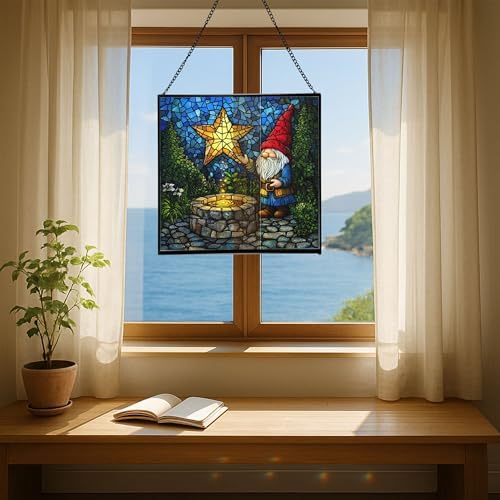 Starwell Gnome Wish Stained Glass Suncatcher – Square Hanging Window Panel for Home or Greenhouse – Whimsical Glass Art Gift for Garden Lovers, Christmas, Halloween, Father Days MZZ4pH - Image 6