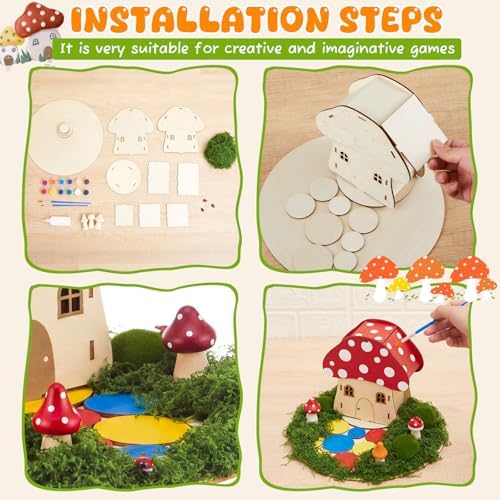 Kathfly 8 Sets Wooden Fairy House DIY Craft Kit for Kids with Paints & Decorations,Unpainted Miniature Garden Accessories for Home Event Party Decorations, Arts Birthday Party Favor (Mushroom Houses) - Image 3
