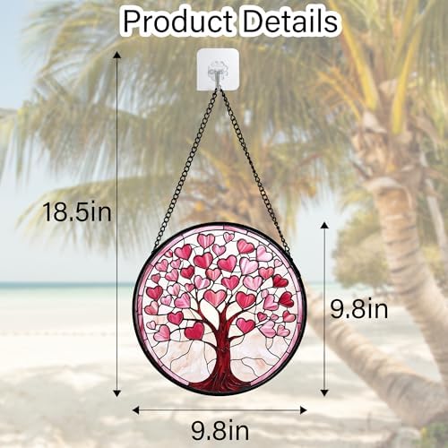 Pink Heart Tree Stained Glass Window Hanging Suncatcher Gifts Decor 9.8" - Image 7