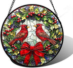 Cardinals Green Wreath Stained Glass Window Hanging Suncatcher Gifts 9.8" by DASTOLL