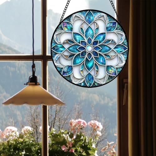 Stained Glass Window Hanging - Blue White Abstract Flowers Suncatcher for Door Terrace Garden Home Decor Boho Sun Catcher Birthday Gifts for Lovers Women Men Dad Mom Nana 9.8 in - Image 4