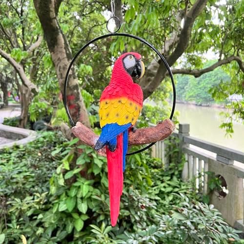 Hanging Scarlet Macaw Parrot Perching on Branch in Metal Round Ring for Home Patio Garden Decor 16" H (Red and Yellow) - Image 6