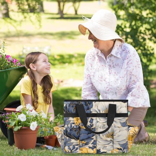 Navy Blue Floral Garden Tool Bag Organizer Heavy Duty Yellow Flowers Gardening Tote Bag with 10 Pockets for Women Men Gardening Gifts - Image 6