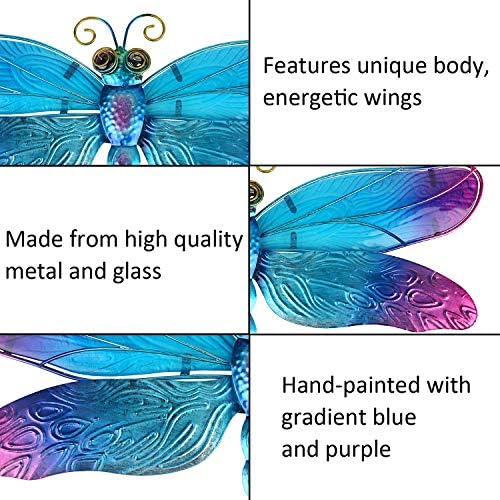 John's Studio Metal Dragonfly Wall Decor Bathroom Glass Art Iron Sculpture Outdoor Orange Hanging Decoration for Home Bedroom Garden Patio Porch or Fence - Blue - Image 2