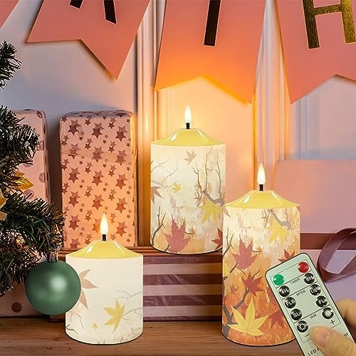 Cozeyat Flickering Flameless Electric Candles with Timer 3 Pack, Fall Maple Leaf Print LED Candles Battery Operated, Unscented Wax Pillar Tealights for Thanksgiving Day Indoor Decor - Image 5
