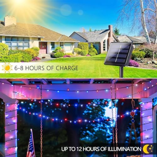 Solar String Lights Outdoor 2 Pack 480 LED Christmas Lights Red White Blue - Image 2
