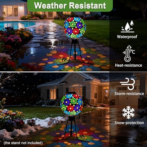 SAVENNA Mosaic Solar Gazing Ball 10 Inch,Glass Garden Globe with Auto On/Off for Yard, Lawn & Outdoor Decor,Multi-Color - Image 6