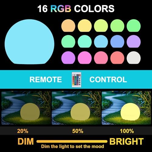 shumi Solar Ball Light-12inch LED Outdoor Table Lamp,16 RGB Colors and Dimmable Globe Light with Remote,Decor for Patio,Garden,Yard,Beach,Pathway,Nursery - Image 4