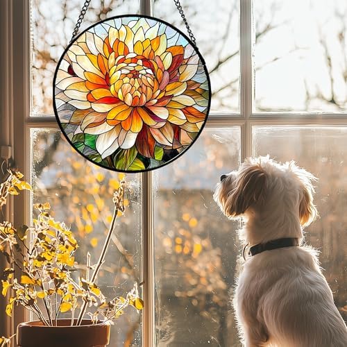 Orange White Flower Stained Glass Window Hanging Suncatcher Gifts 12" - Image 2