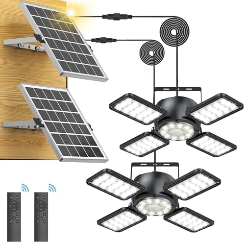 Solar Shed Light Outdoor Indoor Upgrade 1200LM 174LED 4 and 1 Heads Motion Sensor Pendant Light Daytime Work Light with 5 Lighting Modes Remote Control IP65 Waterproof for Barn Gazebo Shop 2 Pack by Latband