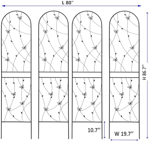 4 Pack Metal Garden Trellis 86.7" Tall Outdoor Climbing Plant Support for Roses, Flowers, Rustproof Durable Black Galvanized Tube, Lawn Garden Fence Decor Screen (4, Black flutter-86.7" H) - Image 4
