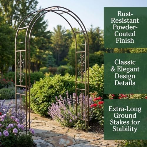 Plow & Hearth Arch Metal Outdoor Garden Arbor Montebello Gunmetal 7 Feet Tall, Steel Iron Trellis Lattice for Climbing Plants & Heavy Vines Wedding Arch Outdoor Patio Décor - Image 3