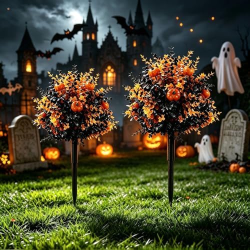 Outdoor Artificial Flowers Fake Plants, Artificial Topiary Balls with Ground Spikes, UV Resistant, Mix 4 Colors, 2 Pack, 20 inch, Garden Porch Patio Gravesite Indoor Decor (2 PCS Pumpkin Color) by Unknown