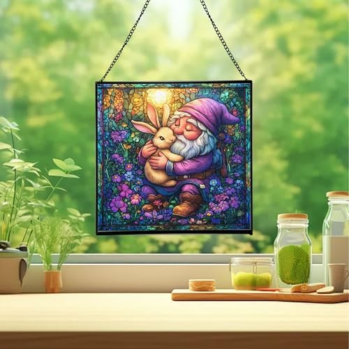 Bunny Friend Gnome Stained Glass Suncatcher – Square Hanging Window Panel for Home or Greenhouse – Whimsical Glass Art Gift for Garden Lovers, Christmas, Halloween, Father Days Yzi8g9 - Image 2