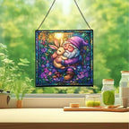 Bunny Friend Gnome Stained Glass Suncatcher – Square Hanging Window Panel for Home or Greenhouse – Whimsical Glass Art Gift for Garden Lovers, Christmas, Halloween, Father Days Yzi8g9 - Image 2