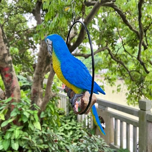 Hanging Scarlet Macaw Parrot Perching on Branch in Metal Round Ring for Home Patio Garden Decor 16" H (Blue and Yellow) - Image 2