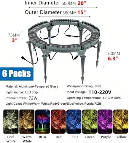 LED Ring Tree Lights Outdoor, Waterproof Tree Spotlight with 3 Installation Methods, Landscape Up Light for Yard Garden Pathway Trees Decoration(Warm White,6 Lights) - Image 2