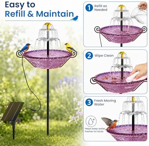 Solar Fountain for Bird Bath Outside, Garden Water Feature with Ground Stake Stand or Hanging Style for Patio, Yard & Lawn (B-XL-Purple) - Image 3