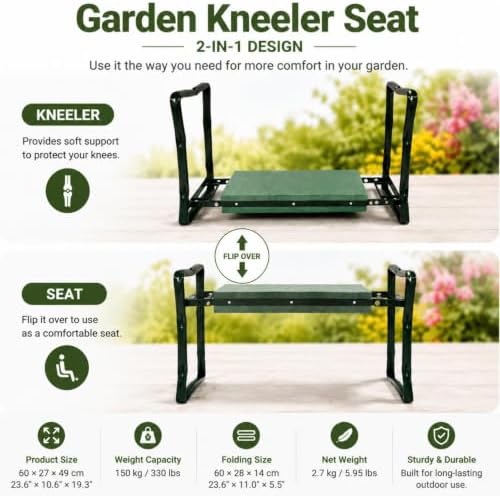Garden Kneeler Seat, 2-in-1 Folding Garden Bench, 330 LBS Capacity, 2 Tool Pouches - Image 3