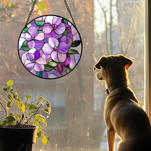 DASTOLL Stained Glass Window Hanging 4 Pcs Set Purple Flower Theme Large 15" - Tulip Suncatcher Door Garden Sun Catcher Decor Birthday Christmas for Plant Lovers Woman Nana Men - Image 4