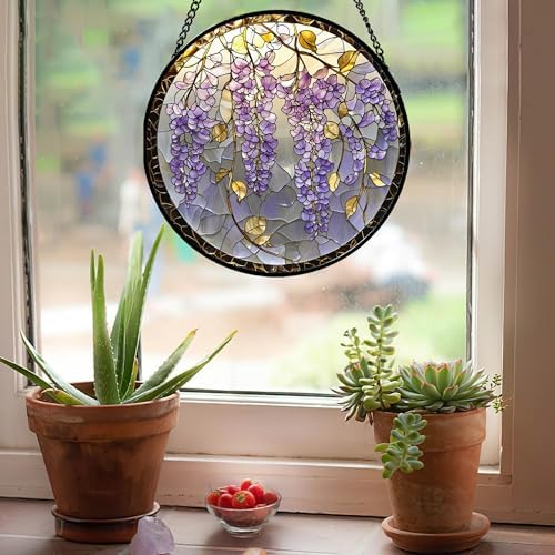 Wisteria Stained Glass Window Hanging Suncatcher Purple Gift for Women 7.8" - Image 3