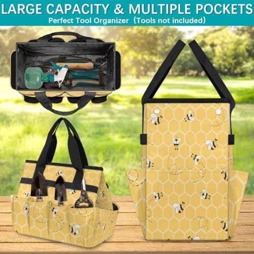 Honeycomb Bee Garden Tool Bag for Women Waterproof & Reusable Heavy Duty Gardening Tote Storage Organizer Toiletry Bag with 10 Pockets for Garden Lawn Yard Casual Camp - Image 4