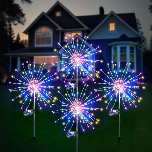 Anordsem Solar Lights Outdoor Waterproof: 4 Pack Garden Light - Bendable Copper Wire with 120 LED Firework Beads - DIY Colorful Fun Decoration for Yard Patio - Twinkle Sparkler Gifts for Women Wife by Anordsem