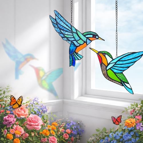 2 Packs Hummingbird Stained Glass Window,Real Handmade Stained Glass Window Hanging,Hummingbird Ornament,Suncatchers Decor for Women Mom Grandma Bird Lovers - Image 6