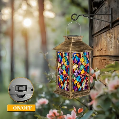 Solar Lantern Outdoor Waterproof Colorful Stained Glass Abstract Mosaic Vibrant Patterns Garden Decor LED Hanging Solar Lights Tabletop Lamp Gifts for Women Mom Outside Yard Patio Porch - Image 5