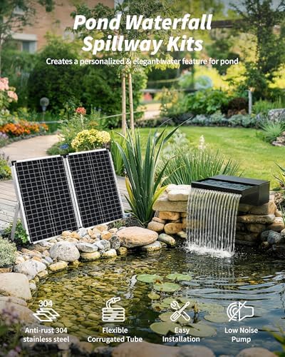 POPOSOAP 70W Solar Pond Waterfall Spillway with Pond Pump, Pond Spillway with 304 Stainless Steel & Filtration System & 9.8FT Tube for Pond Fountain Waterfall Garden Water Features-P5703S - Image 2