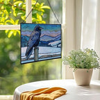 Raven Sitting on Frosted Fencepost Rectangular Stained Glass Suncatcher – Hanging Window Panel with Animal & Nature Scene – Vibrant Glass Art Gift for Wildlife, Fantasy, Nature Lovers p1akbz - Image 2
