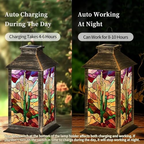 Solar Lantern Bold Serene Stained Glass Western Desert Landscape Art Outdoor Waterproof Garden Hanging Lantern Solar Powered Lighting Outside Table Lamp for Patio Deck Camping 1 Pack - Image 3