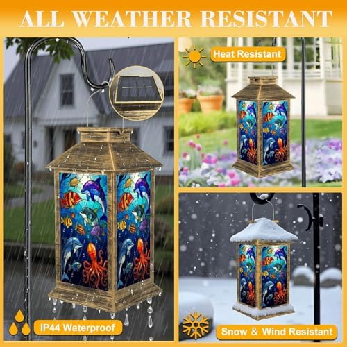 Solar Lantern Outdoor Waterproof Colorful Underwater Marine Life Stained Glass Art Dolphins Fish Garden Decor LED Hanging Solar Lights Tabletop Lamp Gifts for Women Mom Outside Yard Patio Porch - Image 3