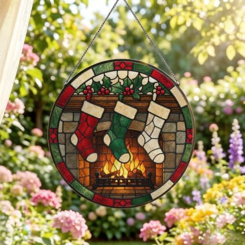 Christmas Fireplace Stockings Stained Glass Suncatcher 9.8" Colorful Window Hanging Ornament, Retro Sun Catcher Decor with Chain for Home Wall Garden Birthday Christmas Mothers Day - Image 2