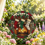 Christmas Fireplace Stockings Stained Glass Suncatcher 9.8" Colorful Window Hanging Ornament, Retro Sun Catcher Decor with Chain for Home Wall Garden Birthday Christmas Mothers Day - Image 2
