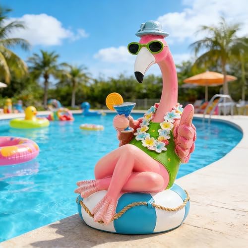 Teaeeno Pink Flamingo Figurines With Swim Ring Resin Flamingo Bird Sculpture,Large Flamingo Ornaments for Coastal Home Wedding Decor,Housewarming Flamingo Gifts for Lady,Tropical Holiday Decor on Desk by Teaeeno