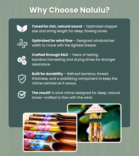 Nalulu Flory Bamboo Wind Chimes - Oustide Outdoor Wooden Windchimes with Birdhouse, Handcrafted with Calming Deep Tones, Ideal Home Decor or Gift for Him and Her - Image 4