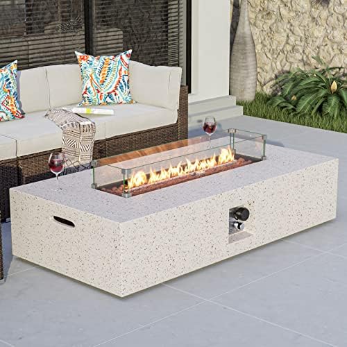 COSIEST Outdoor Propane Fire Pit Table 56" x 28" Rectangle Beige Compact Concrete-Like Finish, Certified, 50,000 BTU,Wind Guard, Tank Outside, Free Lava Rocks, Fits 20lb Tank Outside, Raincover by COSIEST