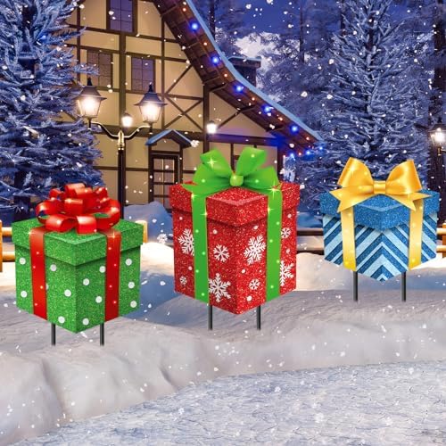 Drydiet 3 Pack Metal Christmas Yard Signs Decor Xmas Yard Stakes Outdoor with Stakes for Holiday Outdoor Garden Lawn Pathway Decoration(Gift Boxes) by Drydiet