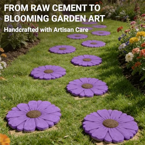 2 Pack Daisy Cement Stepping Stones 10 Inch, Heavy Duty Garden Pathway Stones, Non Slip Outdoor Walkway Decor for Yard Patio Lawn, Weather Resistant Cement Stepping Stones (Purple) - Image 3