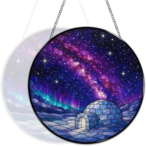 Igloo Under Starry Galaxy Stained Glass Suncatcher 11.8" Colorful Window Hanging Ornament, Sun Catcher Decor for Bathroom Front Door Living Room Home Wall Garden - Image 5